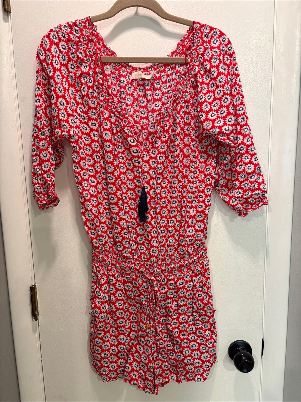 Tory Burch Red Daisy-Print Romper with Tassel Tie
